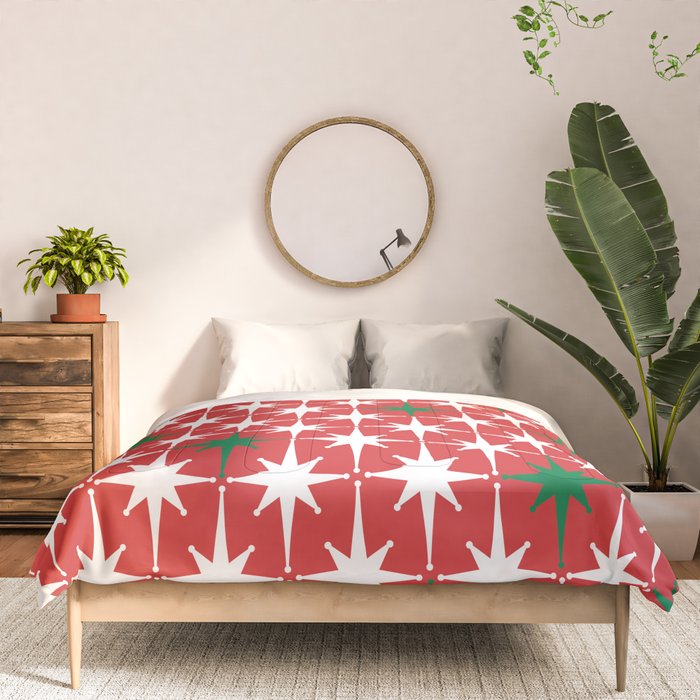 Atomic Age 1950s Retro Vintage Mid-Century Starbursts Pattern in Christmas Green Red White Comforter Gallery Image 3