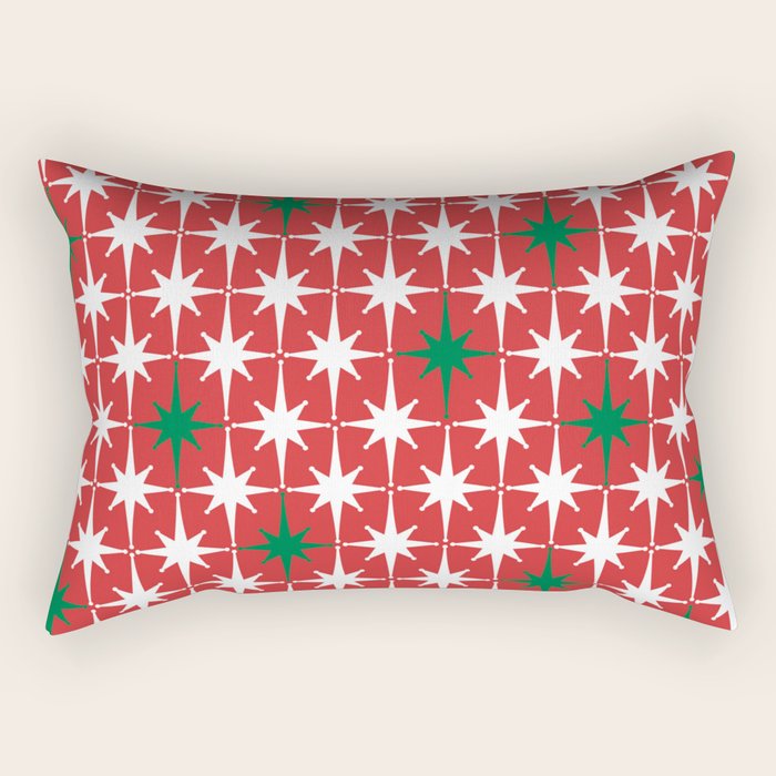 Atomic Age 1950s Retro Vintage Mid-Century Starbursts Pattern in Christmas Green Red White Rectangular Pillow Gallery Image 1