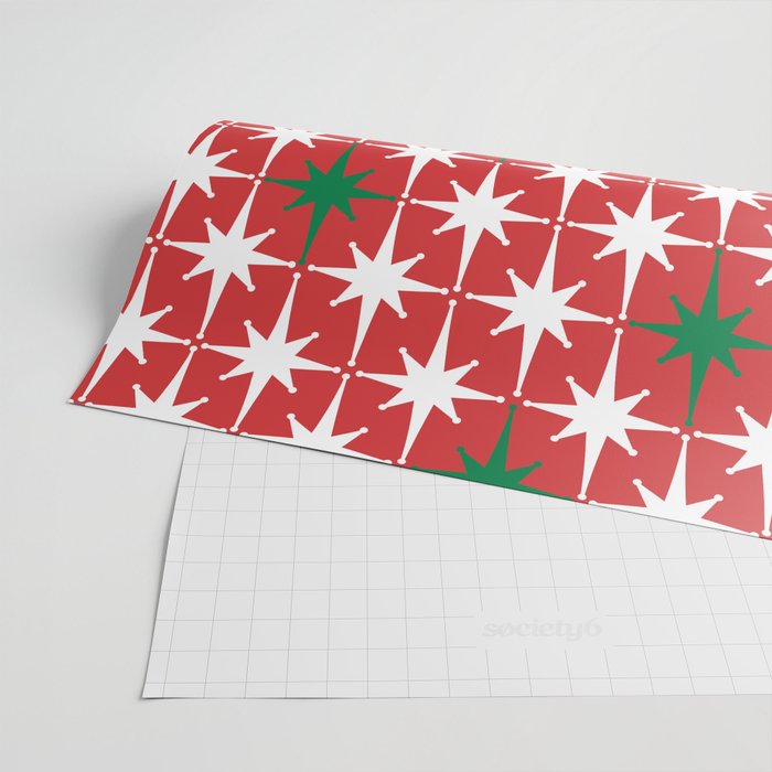 Atomic Age 1950s Retro Vintage Mid-Century Starbursts Pattern in Christmas Green Red White Wrapping Paper Gallery Image 2