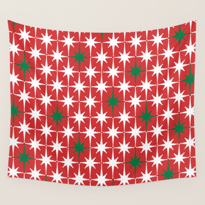 Atomic Age 1950s Retro Vintage Mid-Century Starbursts Pattern in Christmas Green Red White Wall Tapestry Gallery Image 1