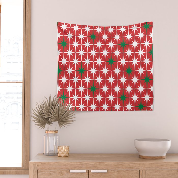Atomic Age 1950s Retro Vintage Mid-Century Starbursts Pattern in Christmas Green Red White Wall Tapestry Gallery Image 2