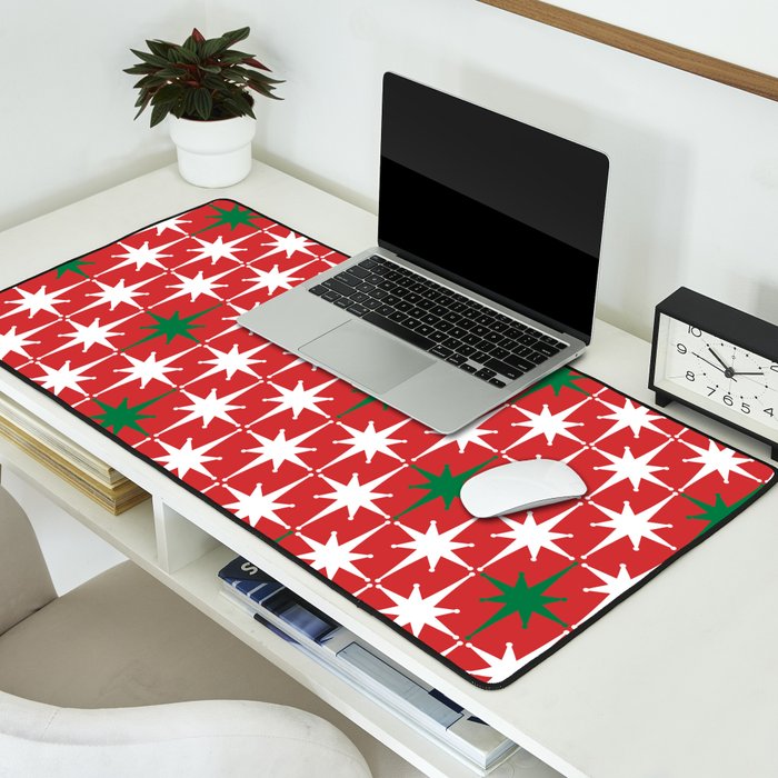 Atomic Age 1950s Retro Vintage Mid-Century Starbursts Pattern in Christmas Green Red White Desk Mat Gallery Image 2
