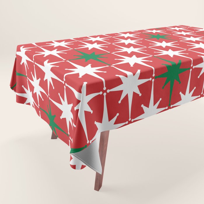 Atomic Age 1950s Retro Vintage Mid-Century Starbursts Pattern in Christmas Green Red White Tablecloth Gallery Image 1