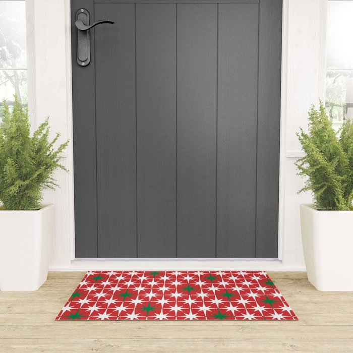 Atomic Age 1950s Retro Vintage Mid-Century Starbursts Pattern in Christmas Green Red White Welcome Mat Gallery Image 3