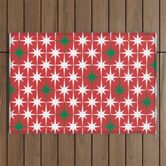 Atomic Age 1950s Retro Vintage Mid-Century Starbursts Pattern in Christmas Green Red White Outdoor Rug Gallery Image 1