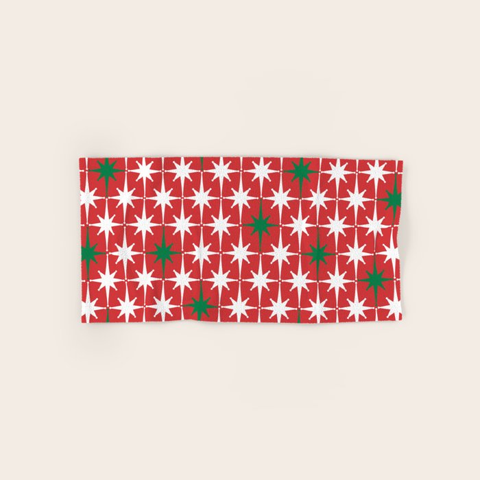 Atomic Age 1950s Retro Vintage Mid-Century Starbursts Pattern in Christmas Green Red White Bath Towel Gallery Image 1