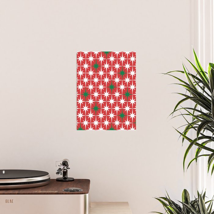 Atomic Age 1950s Retro Vintage Mid-Century Starbursts Pattern in Christmas Green Red White Poster Gallery Image 2