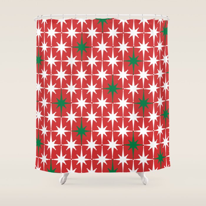 Atomic Age 1950s Retro Vintage Mid-Century Starbursts Pattern in Christmas Green Red White Shower Curtain Gallery Image 1