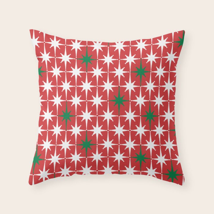Atomic Age 1950s Retro Vintage Mid-Century Starbursts Pattern in Christmas Green Red White Throw Pillow Gallery Image 6