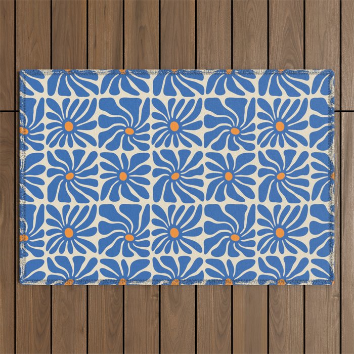Vintage blue flower art pattern Outdoor Rug Gallery Image 1