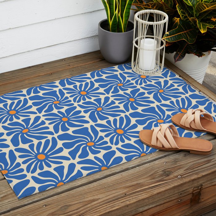 Vintage blue flower art pattern Outdoor Rug Gallery Image 2