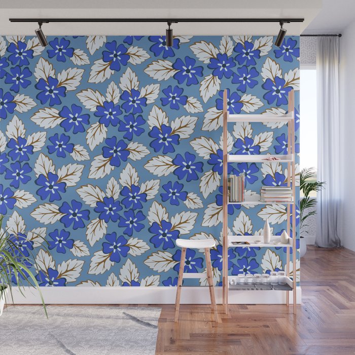 Tossed sakura flowers in blue Wall Mural Gallery Image 1