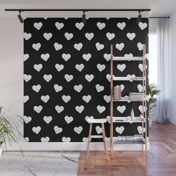 Black and white love heart doodle pattern Wall Mural Gallery Image 1