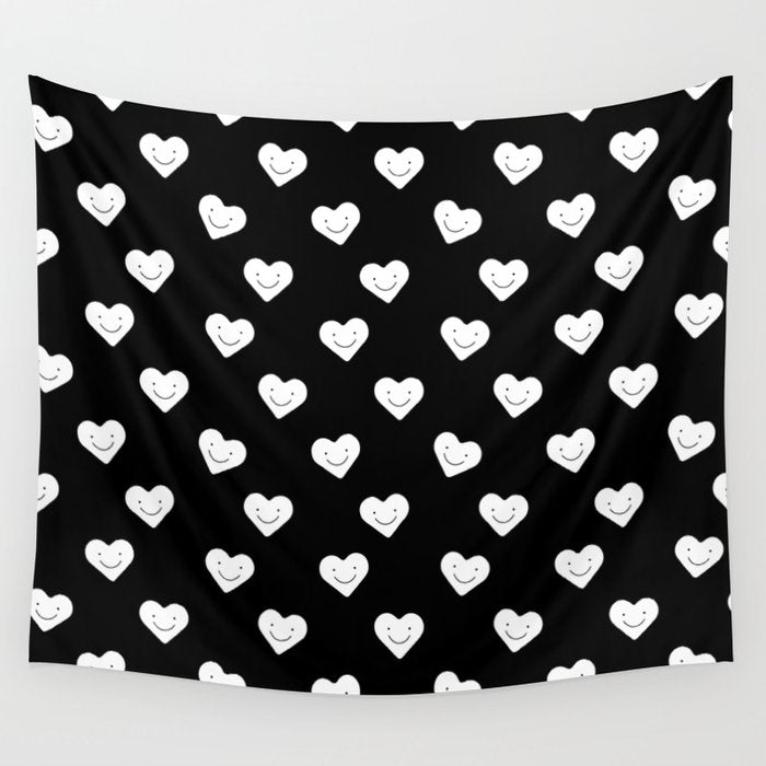 Black and white love heart doodle pattern Wall Tapestry Gallery Image 1