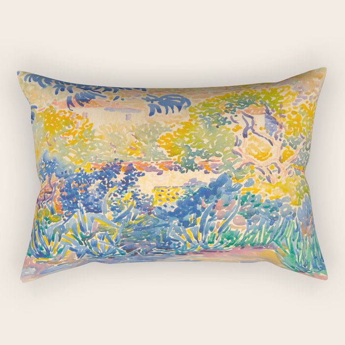 Henri-Edmond Cross Neo-Impressionism Pointillism The Artist's Garden at St. Clair Watercolor Paintin Rectangular Pillow Gallery Image 2