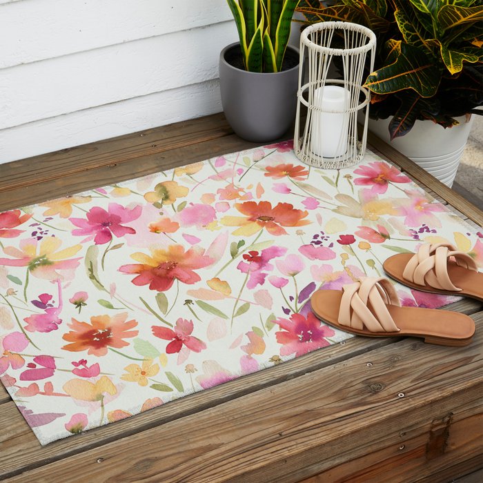 Natural Haze Spring Meadow Cosmos Wildflowers Magenta Red Yellow Outdoor Rug Gallery Image 2