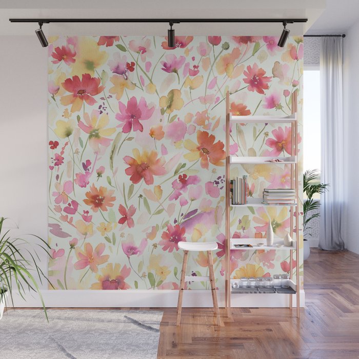 Natural Haze Spring Meadow Cosmos Wildflowers Magenta Red Yellow Wall Mural Gallery Image 1