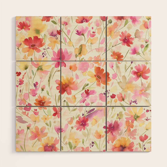 Natural Haze Spring Meadow Cosmos Wildflowers Magenta Red Yellow Wood Wall Art Gallery Image 1