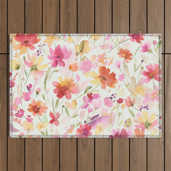 Natural Haze Spring Meadow Cosmos Wildflowers Magenta Red Yellow Outdoor Rug Gallery Image 1