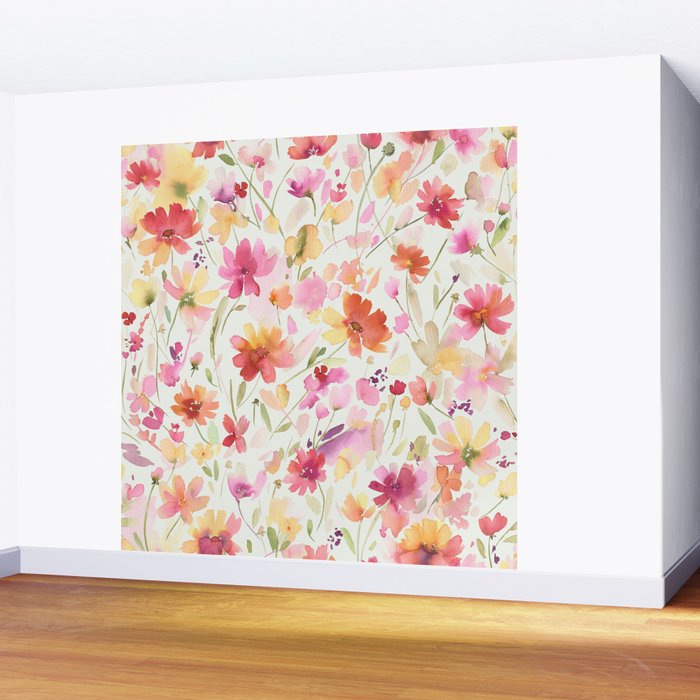 Natural Haze Spring Meadow Cosmos Wildflowers Magenta Red Yellow Wall Mural Gallery Image 2