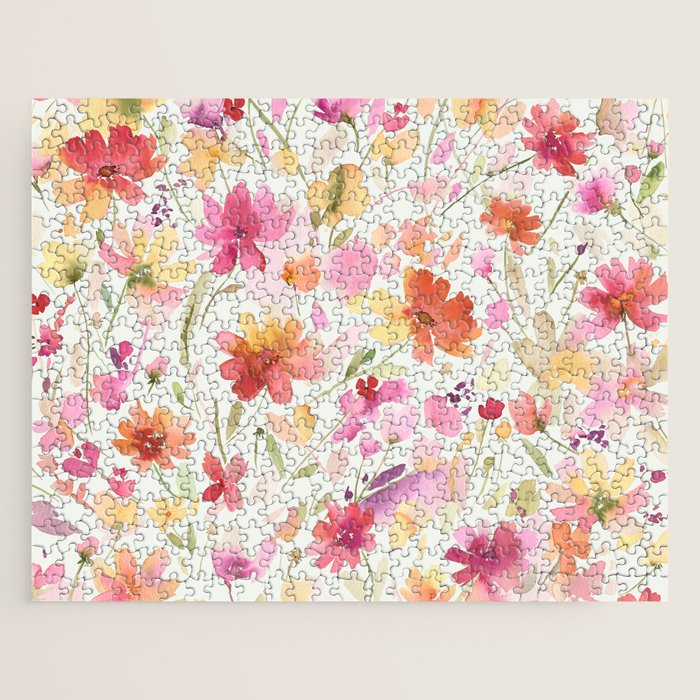Natural Haze Spring Meadow Cosmos Wildflowers Magenta Red Yellow Jigsaw Puzzle Gallery Image 1