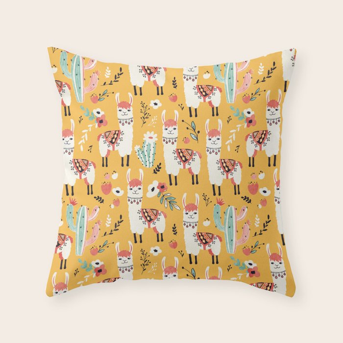 White Llama with flowers Throw Pillow Gallery Image 1