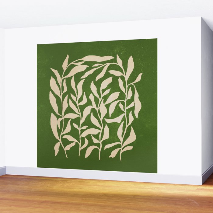Olive Green Leaves: Mid Century Edition Wall Mural Gallery Image 2