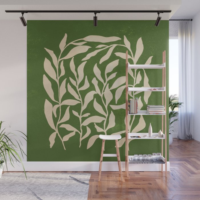 Olive Green Leaves: Mid Century Edition Wall Mural Gallery Image 1