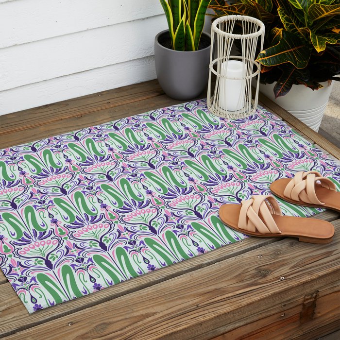 Art Nouveau Pattern 1 - Purple, Pink, Green Outdoor Rug Gallery Image 2