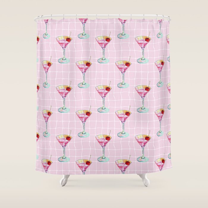 Pink Aesthetic Martini Glass with Cherry Shower Curtain Gallery Image 1