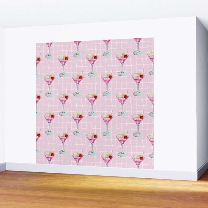 Pink Aesthetic Martini Glass with Cherry Wall Mural Gallery Image 2