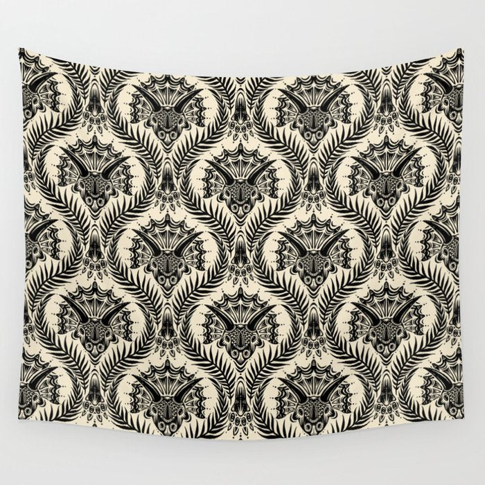 Triceratops Damask - black and cream Wall Tapestry Gallery Image 1