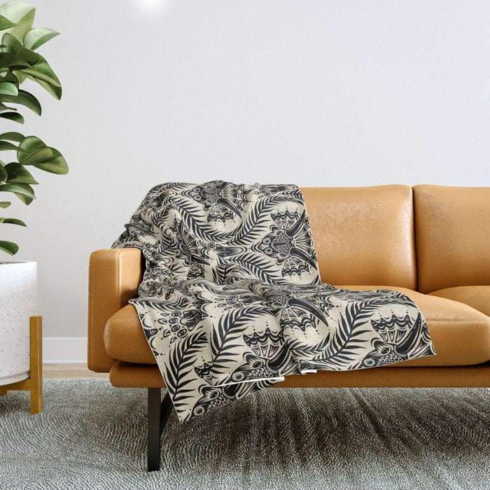 Triceratops Damask - black and cream Throw Blanket Gallery Image 1