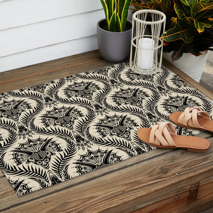Triceratops Damask - black and cream Outdoor Rug Gallery Image 2