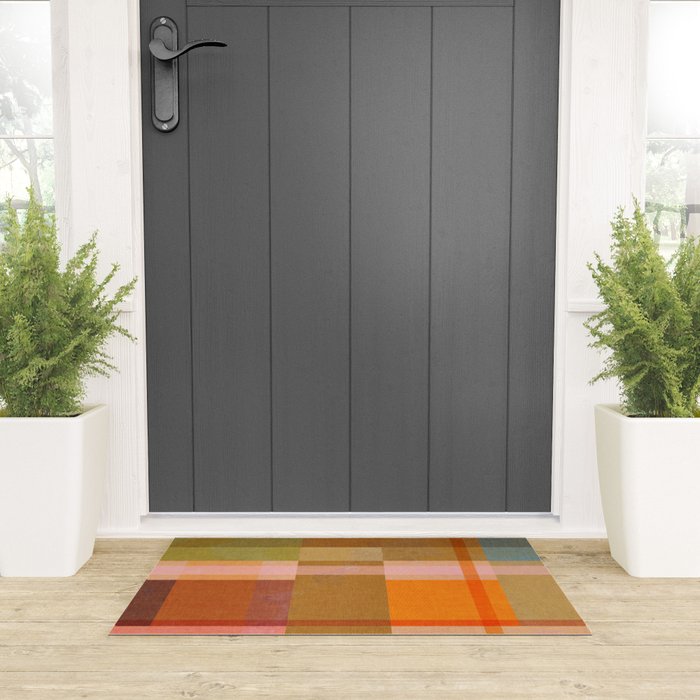 Cosy Heritage Woven Plaid 2 earthy orange blue green Welcome Mat Gallery Image 3