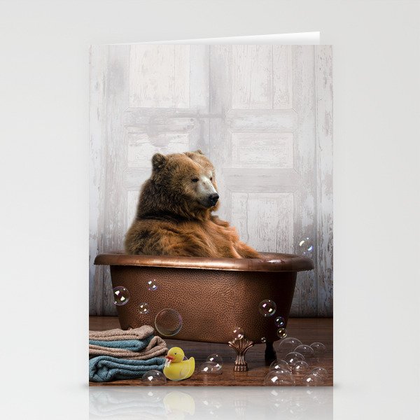 Bear with Rubber Ducky in Vintage Bathtub Stationery Card Gallery Image 2