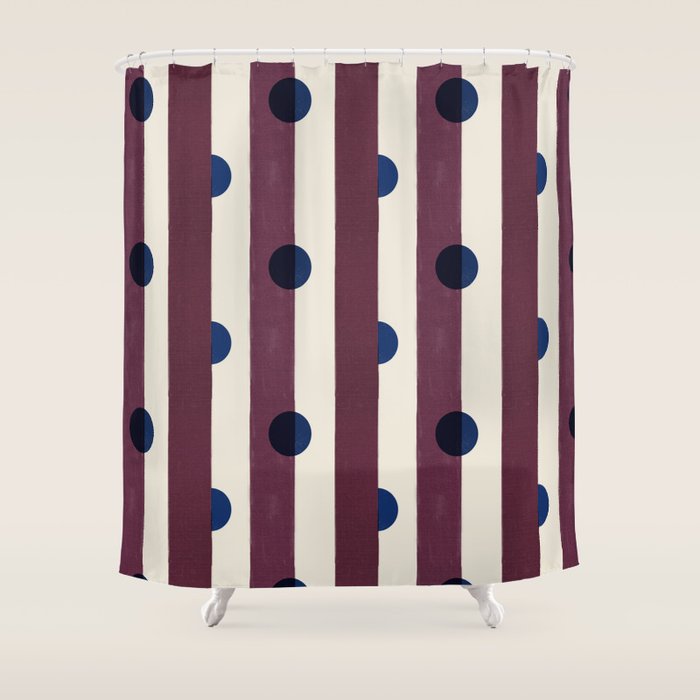 Burgundy Stripes and Navy Dots Modern Pattern Shower Curtain Gallery Image 1