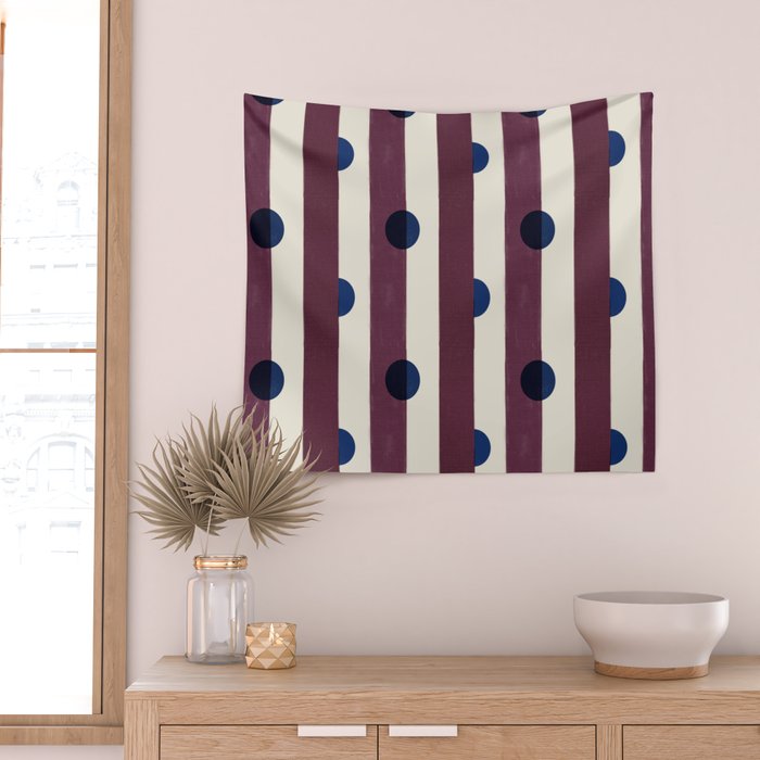 Burgundy Stripes and Navy Dots Modern Pattern Wall Tapestry Gallery Image 2