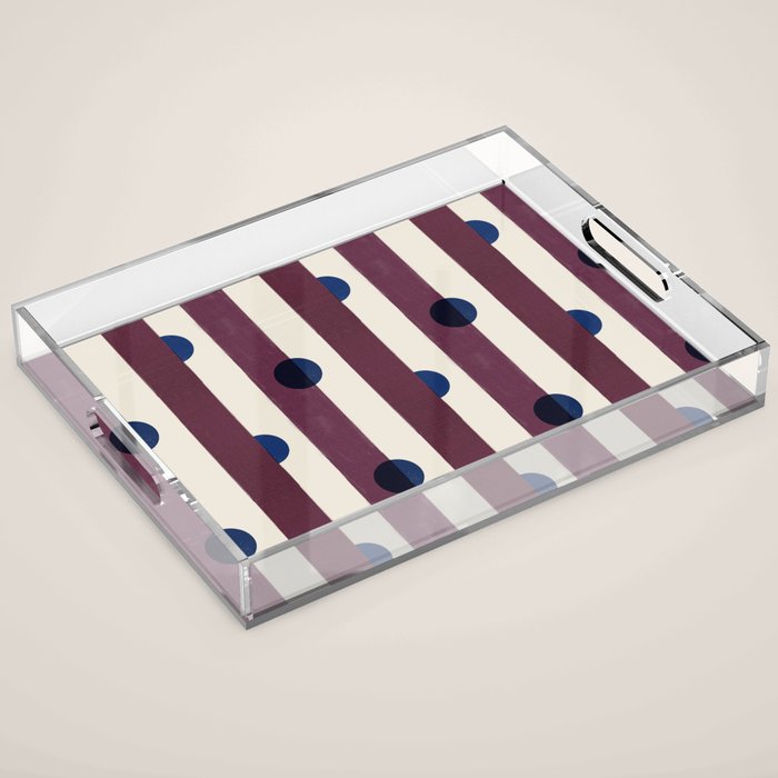 Burgundy Stripes and Navy Dots Modern Pattern Acrylic Tray Gallery Image 1