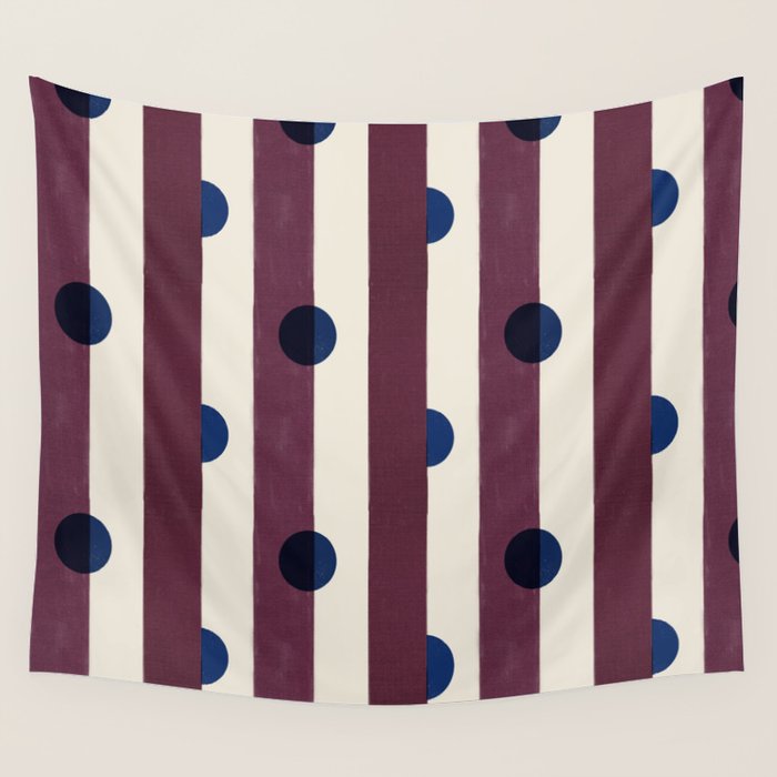 Burgundy Stripes and Navy Dots Modern Pattern Wall Tapestry Gallery Image 4