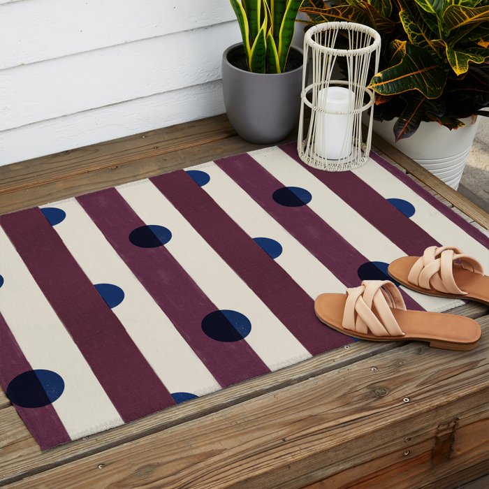 Burgundy Stripes and Navy Dots Modern Pattern Outdoor Rug Gallery Image 2