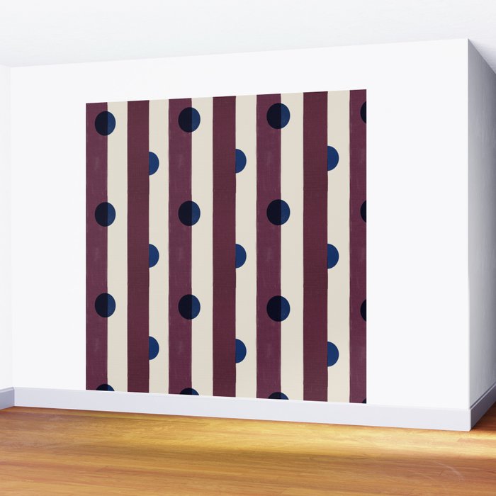 Burgundy Stripes and Navy Dots Modern Pattern Wall Mural Gallery Image 2