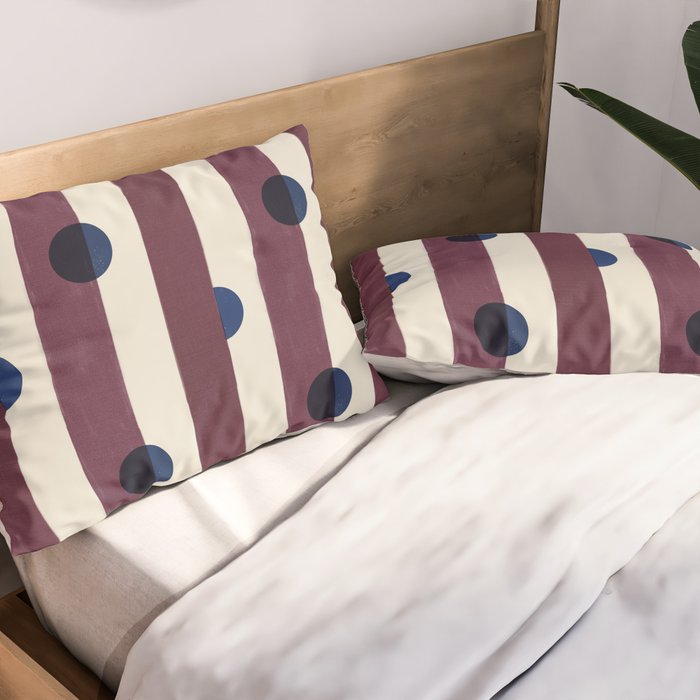 Burgundy Stripes and Navy Dots Modern Pattern Pillow Sham Gallery Image 2