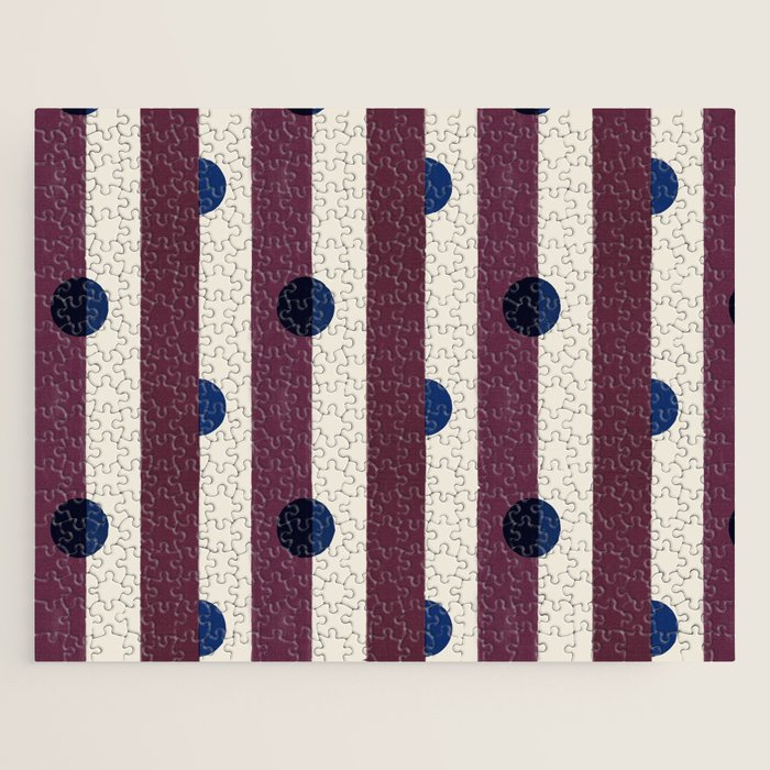 Burgundy Stripes and Navy Dots Modern Pattern Jigsaw Puzzle Gallery Image 1