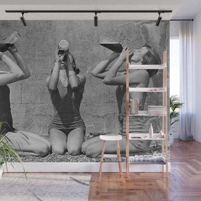 What the girls drink when the guys aren't looking - three girlfriends drinking at the beach black and white photograph Wall Mural Gallery Image 1