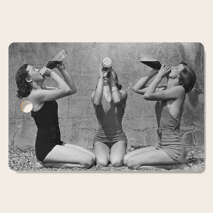 What the girls drink when the guys aren't looking - three girlfriends drinking at the beach black and white photograph Cutting Board Gallery Image 1