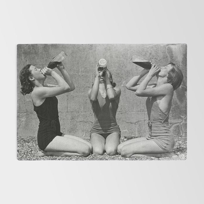 What the girls drink when the guys aren't looking - three girlfriends drinking at the beach black and white photograph Rug Gallery Image 2