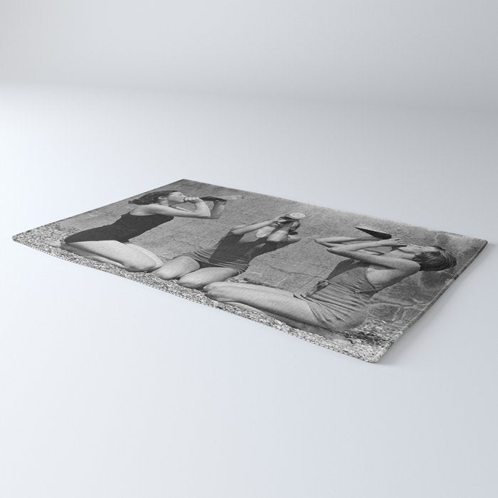 What the girls drink when the guys aren't looking - three girlfriends drinking at the beach black and white photograph Rug Gallery Image 3