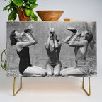 What the girls drink when the guys aren't looking - three girlfriends drinking at the beach black and white photograph Credenza Gallery Image 1