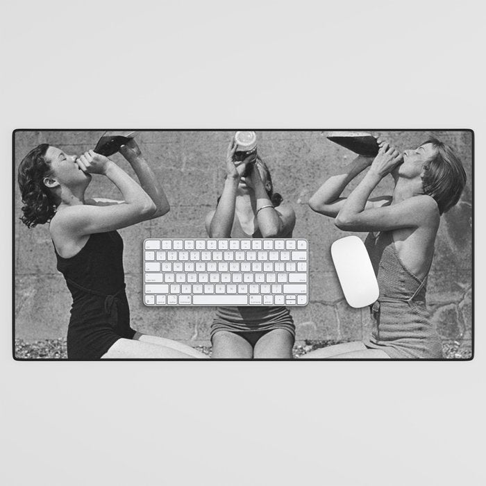 What the girls drink when the guys aren't looking - three girlfriends drinking at the beach black and white photograph Desk Mat Gallery Image 1
